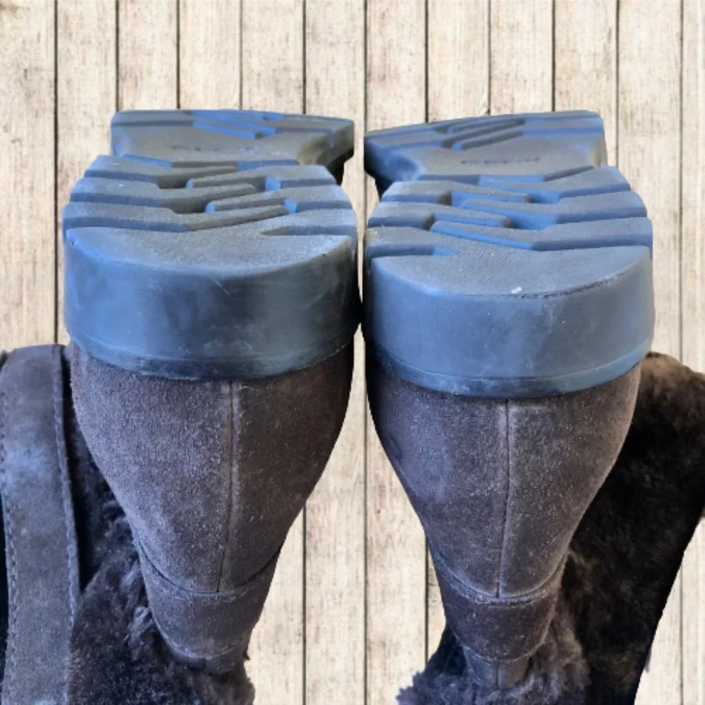 GEOX Mid-Calf Boot Dark Brown Suede Faux FUR Buckles Straps Studs